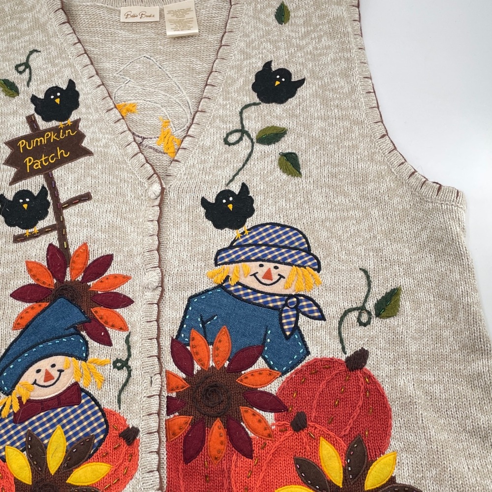 Bobbie Brooks Womens XL 16/18 Fall Pumpkin Patch Scarecrow Embroidered Knit Vest